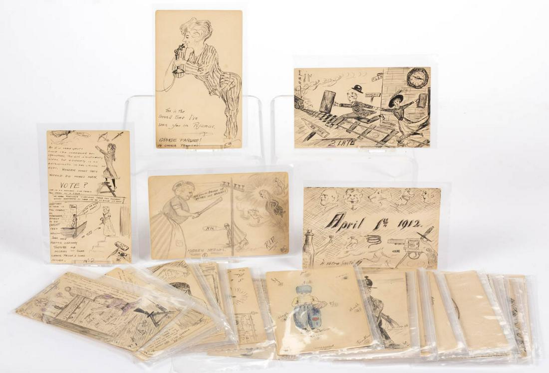 HAND-DRAWN FOLK ART COMICAL POST CARDS, LOT OF 46 BY (1 of 9)