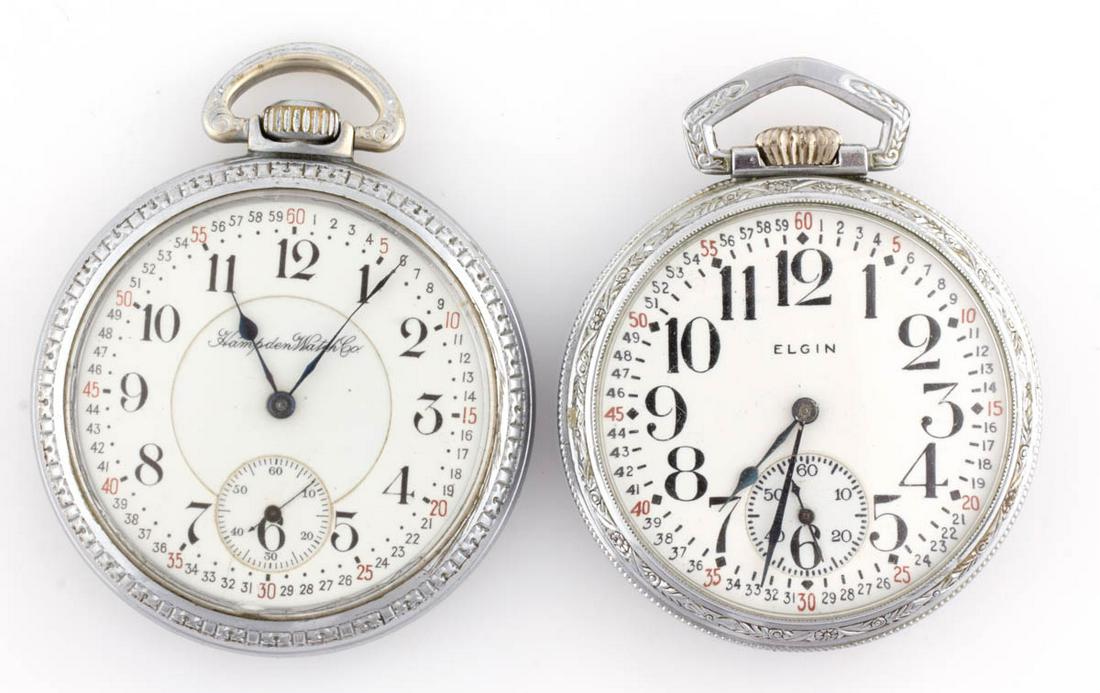 ELGIN AND HAMPDEN 21-JEWEL POCKET WATCHES, LOT OF TWO (1 of 3)