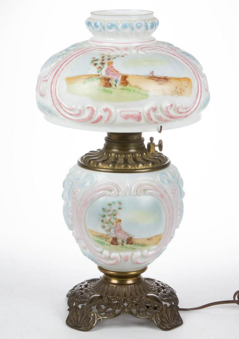 VICTORIAN STENCIL-DECORATED GLASS KEROSENE GONE WITH: VICTORIAN STENCIL-DECORATED GLASS KEROSENE GONE WITH THE WIND / PARLOR LAMP, opaque white with polychrome-enamel decoration, Shell and Pillar pattern with pink and blue trim, reservoirs depicting Vict