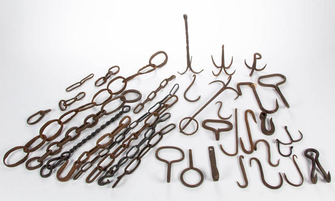 ASSORTED WROUGHT-IRON HEARTH CHAINS AND HOOKS, (1 of 4)