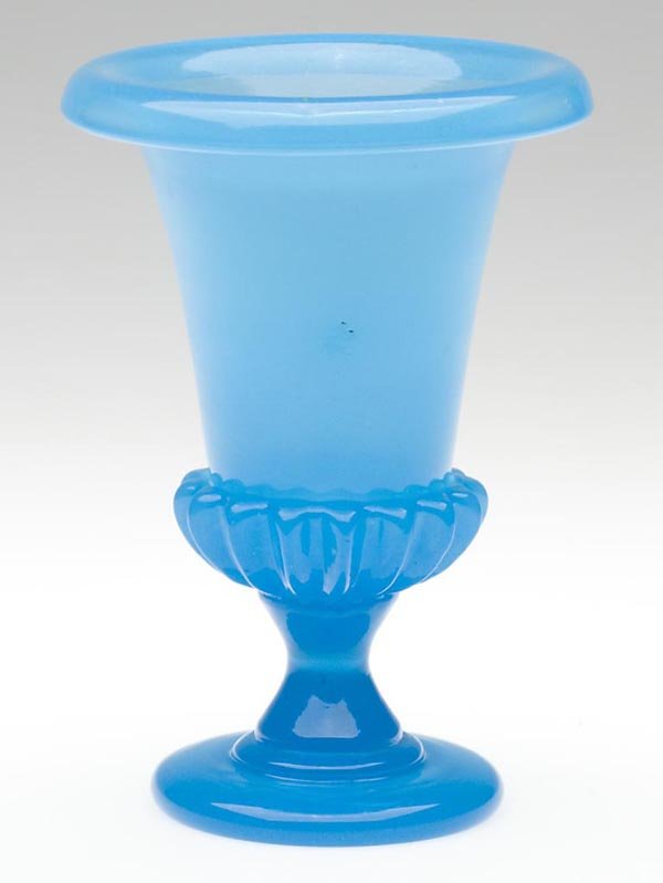 FREE-BLOWN AND GADROON DECORATED VASE: FREE-BLOWN AND GADROON DECORATED VASE, translucent turquoise blue with a decided opalescent bloom, conical-form bowl with an applied gadroon-like decoration comprised of 16 pronounced ribs around the 