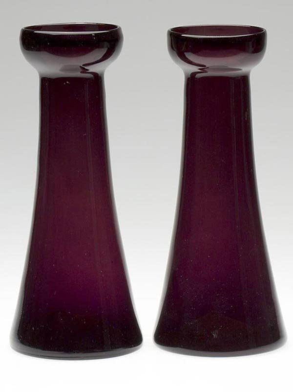 PAIR OF FREE-BLOWN HYACINTH GLASSES: PAIR OF FREE-BLOWN HYACINTH GLASSES, deep amethyst, non-lead glass, each of tall conical form with a cupped top and kick-up rough pontil mark. Probably United States. 1870-1900. Heights: 9 in.; rim di