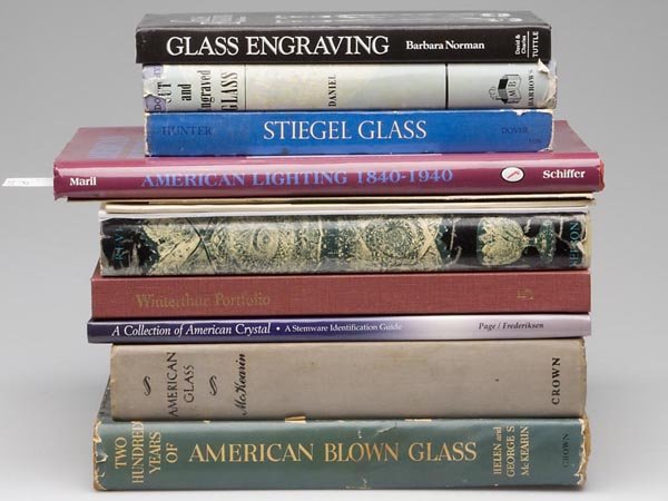 AMERICAN GLASS REFERENCE VOLUMES, LOT OF 13: AMERICAN GLASS REFERENCE VOLUMES, LOT OF 13, comprised of Nadja Maril, "American Lighting 1840-1940," along with 12 other volumes. Nine hard covers, three soft covers, and one in facsimile.