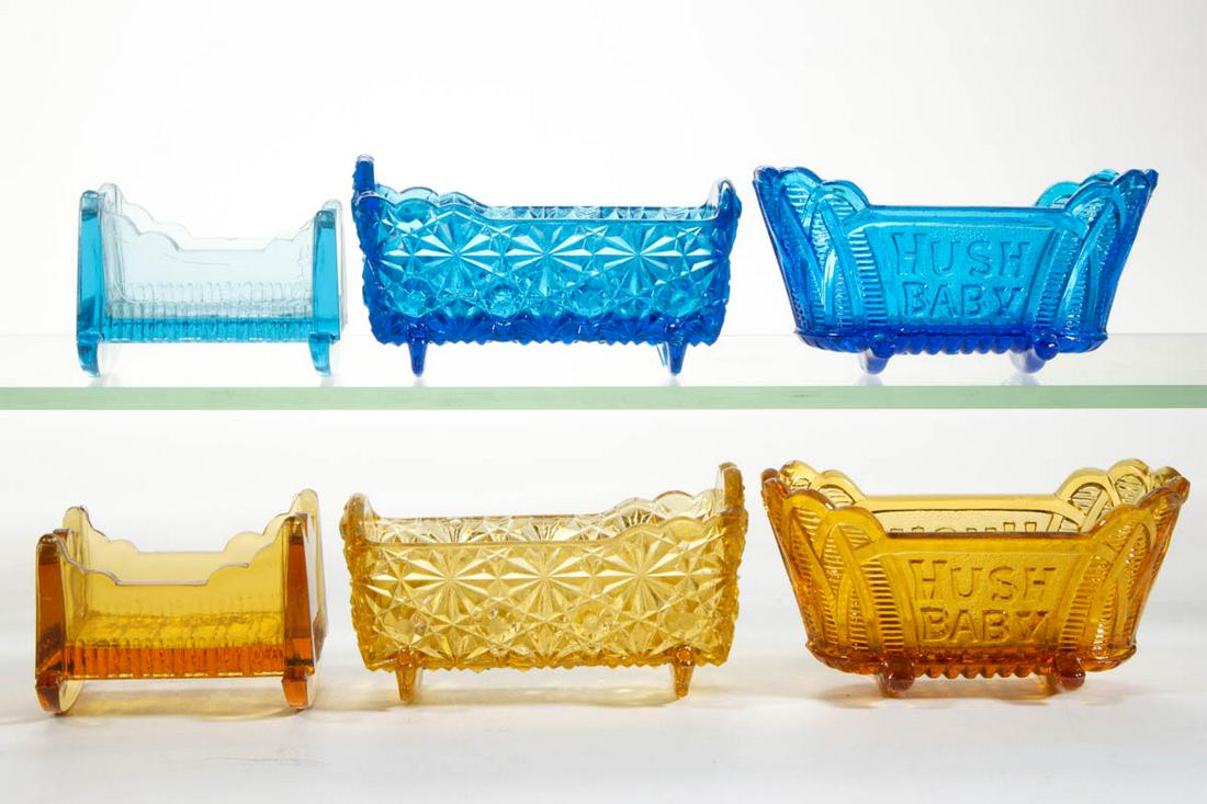 ASSORTED PRESSED FIGURAL CRADLE GLASS OPEN SALTS, LOT (1 of 1)