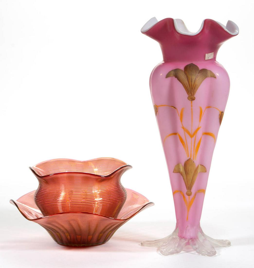 ASSORTED VICTORIAN GLASS ARTICLES, LOT OF THREE: ASSORTED VICTORIAN GLASS ARTICLES, LOT OF THREE, comprising a cased pink lobed vase, and a cranberry dish and vase with applied orange threading. Various makers. Fourth quarter 19th/early 20th century