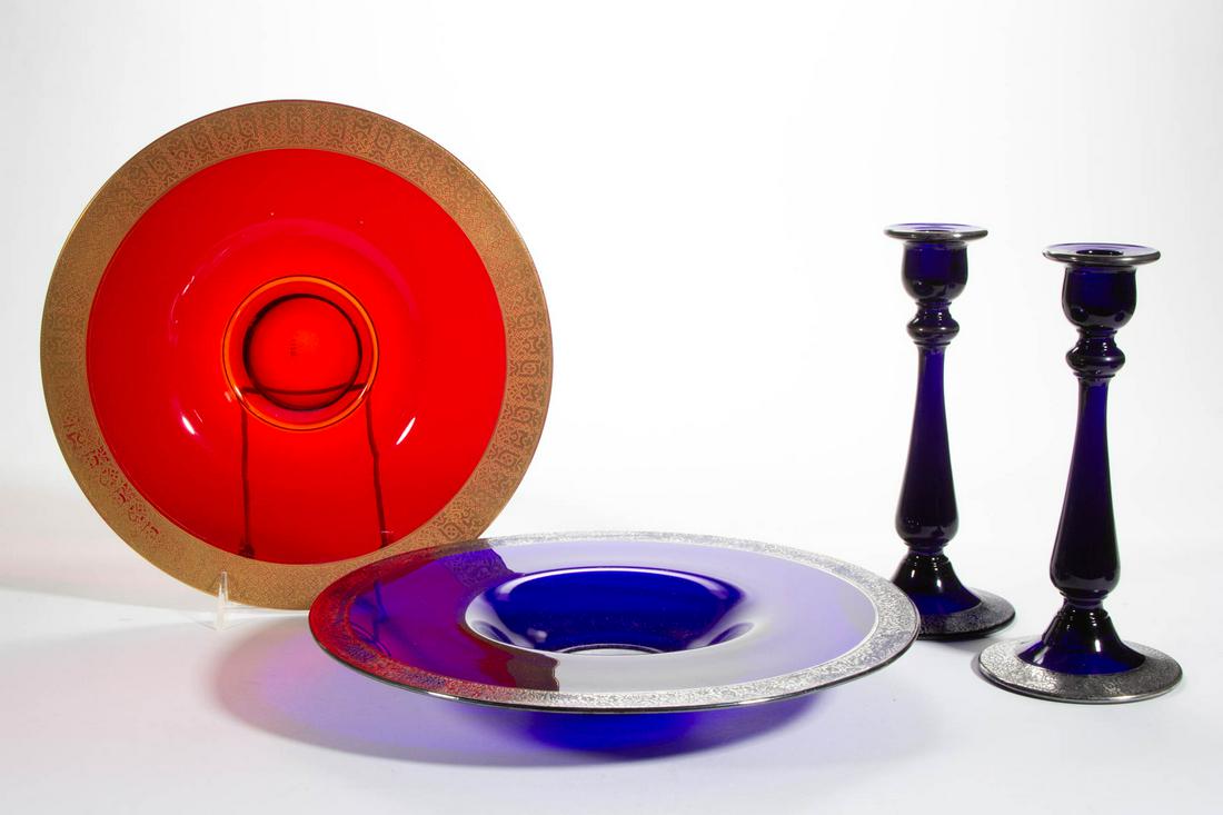 CO-OP NO. 449 THREE-PIECE CONSOLE SET: CO-OP NO. 449 THREE-PIECE CONSOLE SET, cobalt blue with silver etched decoration, comprising two candlesticks and a matching console bowl. Together with a ruby with gold etched trim Co-Op console bowl