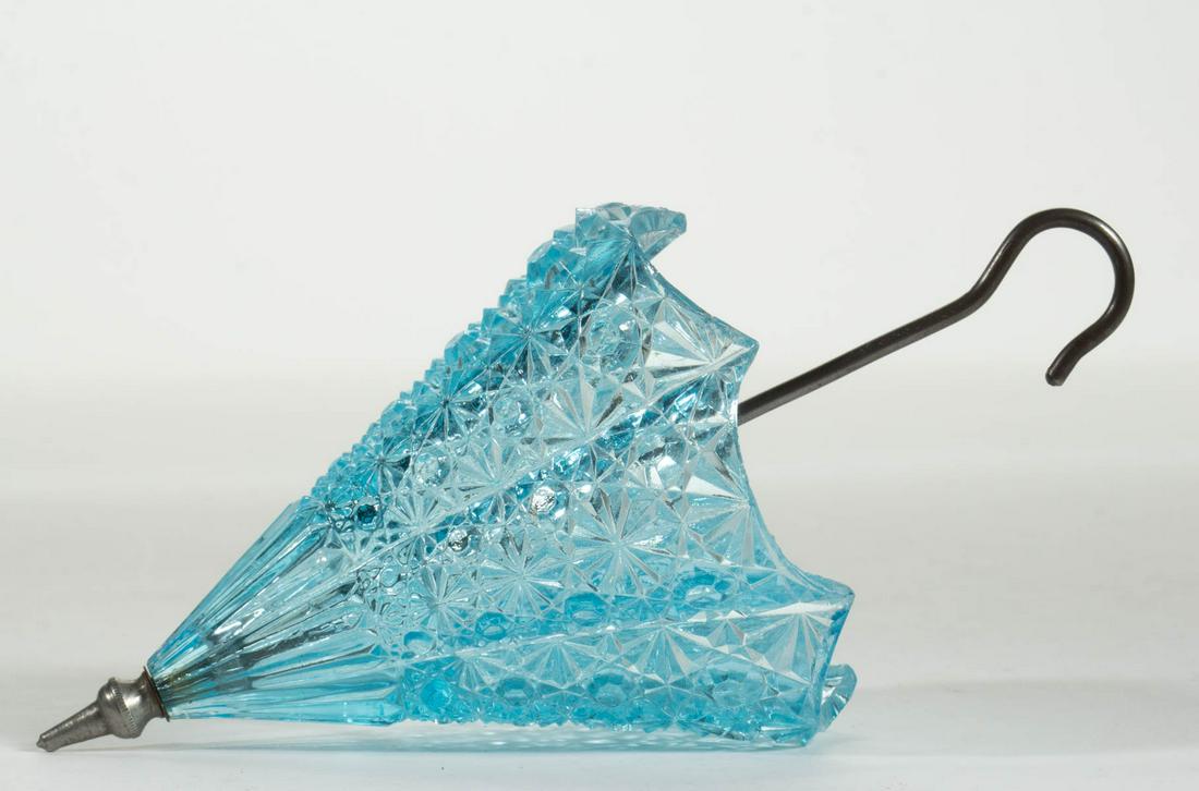 DAISY AND BUTTON UMBRELLA VASE / MATCH HOLDER: DAISY AND BUTTON UMBRELLA VASE / MATCH HOLDER, blue, original metal handle and tip. George Duncan & Sons. Circa 1886. 6 1/2" L.Literature: Parallels Sanford - Victorian Glass Novelties, p. 147, middle