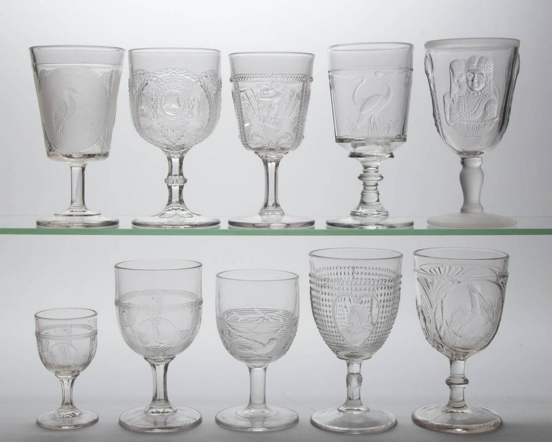 ASSORTED BIRD AND OTHER EAPG DRINKING ARTICLES, LOT OF: ASSORTED BIRD AND OTHER EAPG DRINKING ARTICLES, LOT OF TEN, colorless, including a frosted Actress / Opera (OMN) goblet, a Frosted Flamingo goblet, a Valentine goblet, and an Owl in Fan / Parrot goble