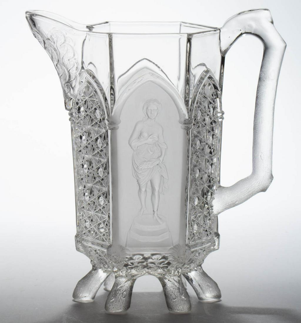 CLASSIC / GILLINDER NO. 403 MILK PITCHER: CLASSIC / GILLINDER NO. 403 MILK PITCHER, colorless and frosted. Gillinder & Sons, Philadelphia, PA. Circa 1875. 8 3/4" H. Provenance: From the Briggs - Richardson Collection, Stephens City, VA.