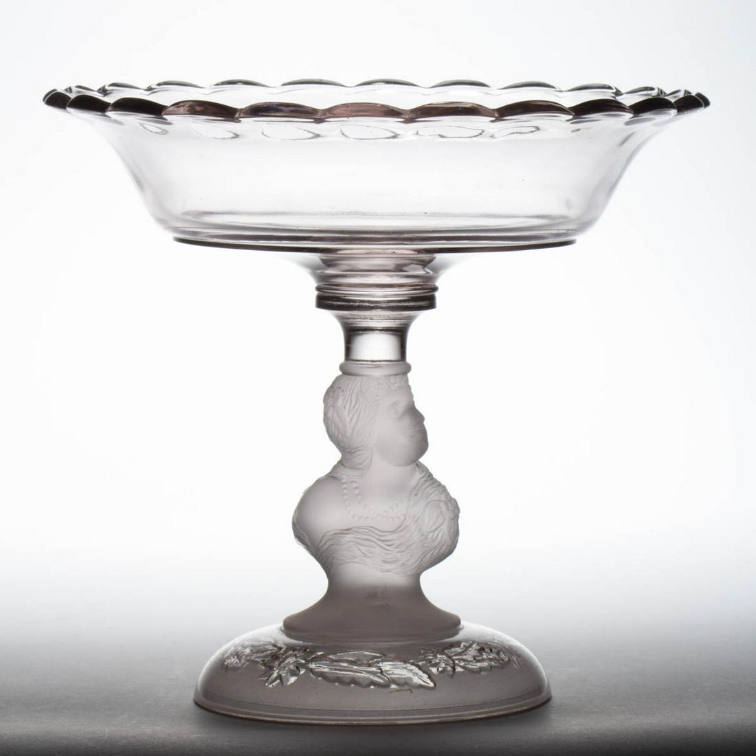 COLUMBIA / JENNY LIND OPEN COMPOTE: COLUMBIA / JENNY LIND OPEN COMPOTE, colorless and frosted, plain bowl. Challinor, Taylor & Co. Fourth quarter 19th century. 8" H, 8 3/4" D rim. Provenance: From the Briggs - Richardson Collection, Ste