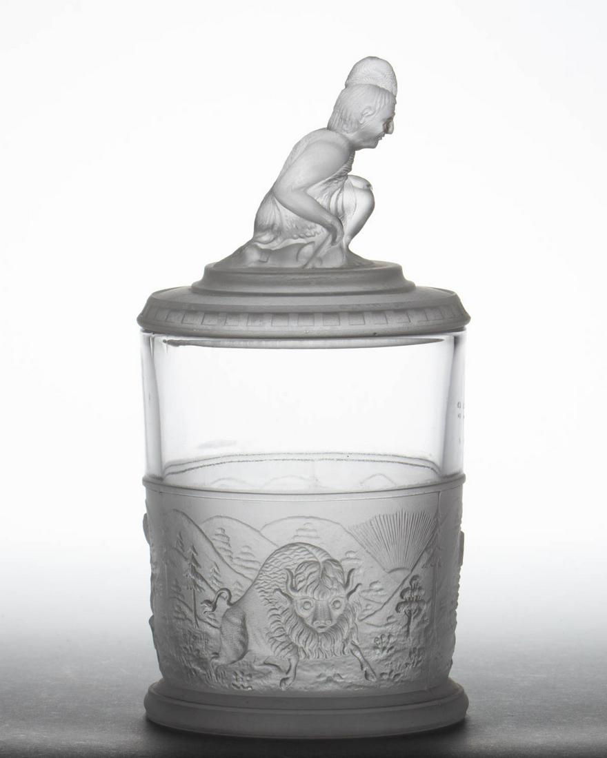 WESTWARD HO / PIONEER (OMN) JAM / PICKLE JAR: WESTWARD HO / PIONEER (OMN) JAM / PICKLE JAR, colorless and frosted. Gillinder & Sons, Philadelphia, PA. Circa 1879. 7 1/4" HOA.