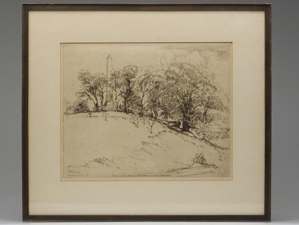 ERNEST DAVID ROTH (AMERICAN, 1879-1964) VIRGINIA E: ERNEST DAVID ROTH (AMERICAN, 1879-1964) VIRGINIA ETCHING, titled "Tomb of Mary, Mother of Washington and Meditation Rock" across lower edge, signed "E. D. Roth - 1928 / Fredericksburg, Va" lower left,