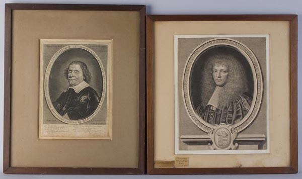 TWO EUROPEAN PORTRAIT ENGRAVINGS: TWO EUROPEAN PORTRAIT ENGRAVINGS, after Robert Nanteuil (French, 1623-1678) and Jonas Suydenhoef (German, 1613-1686), first dated 1667, modern frames. Probably 17th or 18th century. 15 1/2" x 12 1/8"