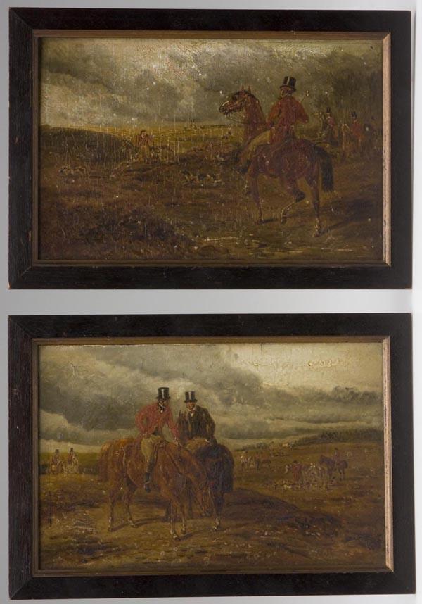 SCHOOL OF JOHN FREDERICK HERRING (BRITISH, 1795-18: SCHOOL OF JOHN FREDERICK HERRING (BRITISH, 1795-1865) PAIR OF SPORTING PAINTINGS, oil on board, each depicting a fox hunt, one signed "J.F.H." lower right, matching ebony-wood frames. 19th century. 5