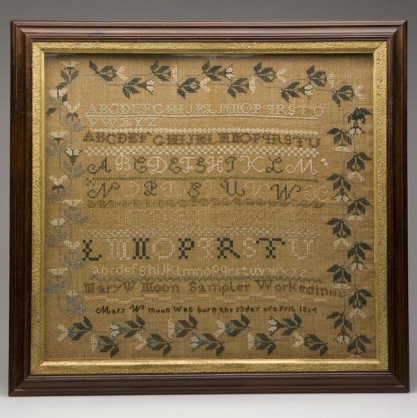 MARY W. MOON, ALBEMARLE CO., VA 1837 NEEDLEWORK SA: MARY W. MOON, ALBEMARLE CO., VA 1837 NEEDLEWORK SAMPLER, silk on linen, eight rows of ABCs and numerals above "Mary W. Moon Sampler Worked in 1837 / Mary W Moon was born the 23day of april 1824.", all