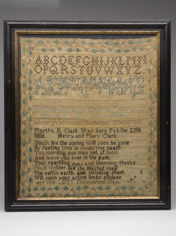 MARTHA R. CLARK, WHEELING., VA (NOW WV) 1825 NEEDL: MARTHA R. CLARK, WHEELING., VA (NOW WV) 1825 NEEDLEWORK SAMPLER, silk on linen, eight rows of ABCs and numerals above "Martha R. Clark Was born Feb. the 25th / 1806. Henry and Mary Clark.", an eight-l