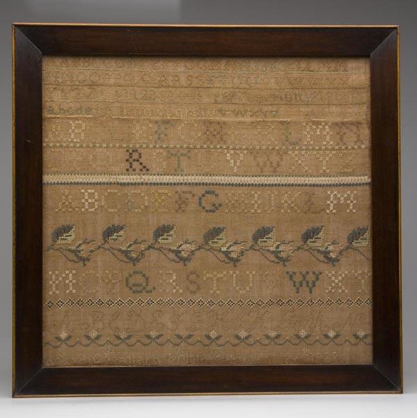 ANN BALLARD POLLITT, HENDERSON CO., KY NEEDLEWORK: ANN BALLARD POLLITT, HENDERSON CO., KY NEEDLEWORK SAMPLER, silk on linen, nine rows of ABCs and numerals, and three decorative rows above "Ann Ballard Pollitt Febuary 26th 18??", later frame. Second q