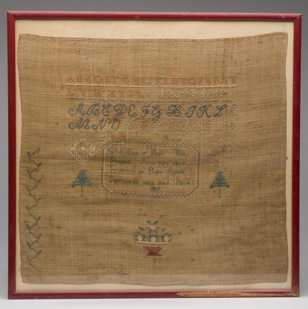 NEW ENGLAND ORDINATION NEEDLEWORK SAMPLER: NEW ENGLAND ORDINATION NEEDLEWORK SAMPLER, silk on linen, four rows of ABCs and numerals above "---- Alden" and a reserve inscribed "Ordintion (sic) of Rev. Tho. / Shepard June 16, 1819. / Successor t