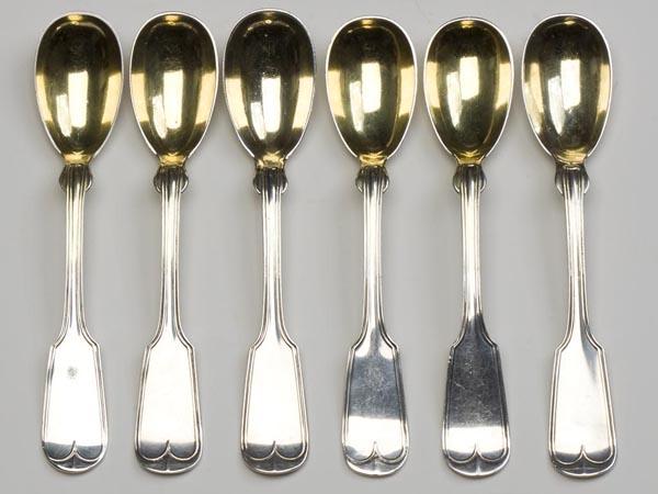 NEW YORK, NY COIN SILVER EGG SPOONS, SET OF SIX: NEW YORK, NY COIN SILVER EGG SPOONS, SET OF SIX, Fiddle Thread pattern, each hallmarked "BALL, BLACK & CO" for Henry Ball and William Black (1851-1876), each retaining most of its original gold wash a