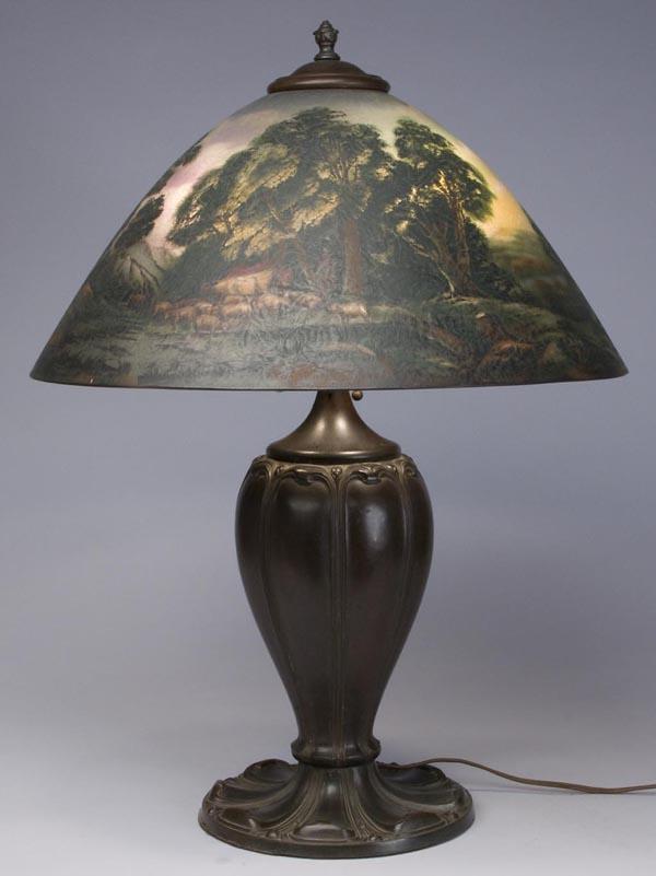 PITTSBURGH REVERSE-PAINTED GLASS SCENIC SHADE TABL: PITTSBURGH REVERSE-PAINTED GLASS SCENIC SHADE TABLE LAMP, S-1473 1/2 Electrolier Decoration A, beehive form shade with a textured outer surface, depicting a herder with cows and sheep in a setting of 