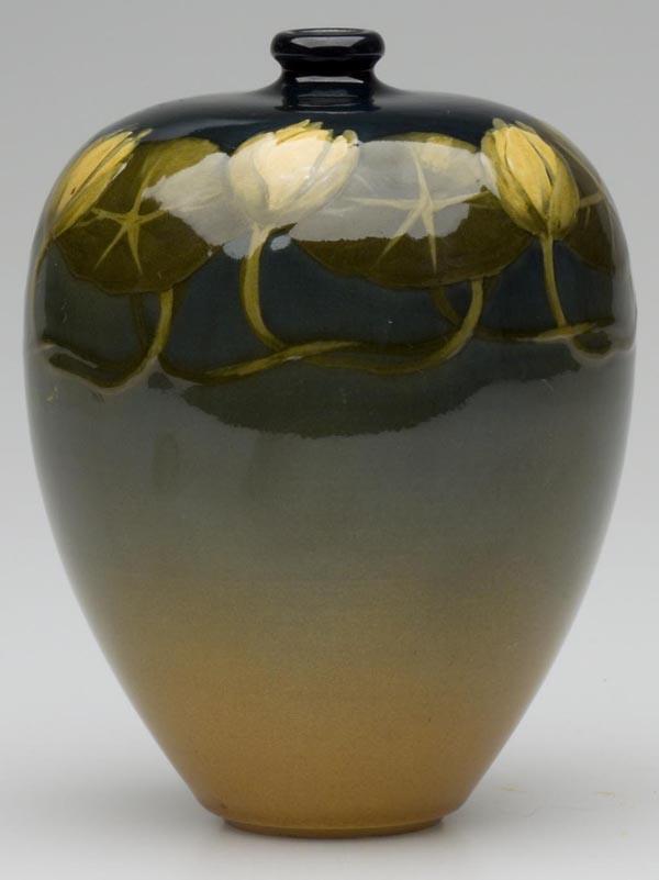AMERICAN ART POTTERY ROOKWOOD FLAT-SHOULDER VASE: AMERICAN ART POTTERY ROOKWOOD FLAT-SHOULDER VASE, polychrome floral decoration with standard glaze, incised with cipher of Mary Madeline Nourse (1891-1905), impressed mold #750WC. 1895. 5 1/2" h, 4" d