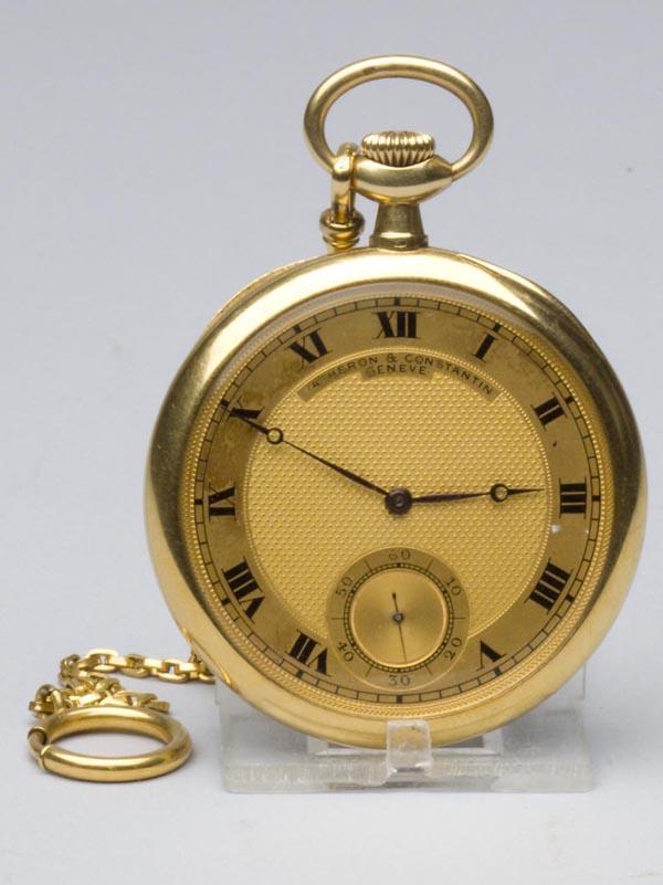 SWISS VACHERON & CONSTANTIN 18K GOLD CASE POCKET W: SWISS VACHERON & CONSTANTIN 18K GOLD CASE POCKET WATCH, goldtone dial with Roman numerals, open-face case with hinged back and inner dust cover, movement numbered 362282, case numbered 226172, monogra