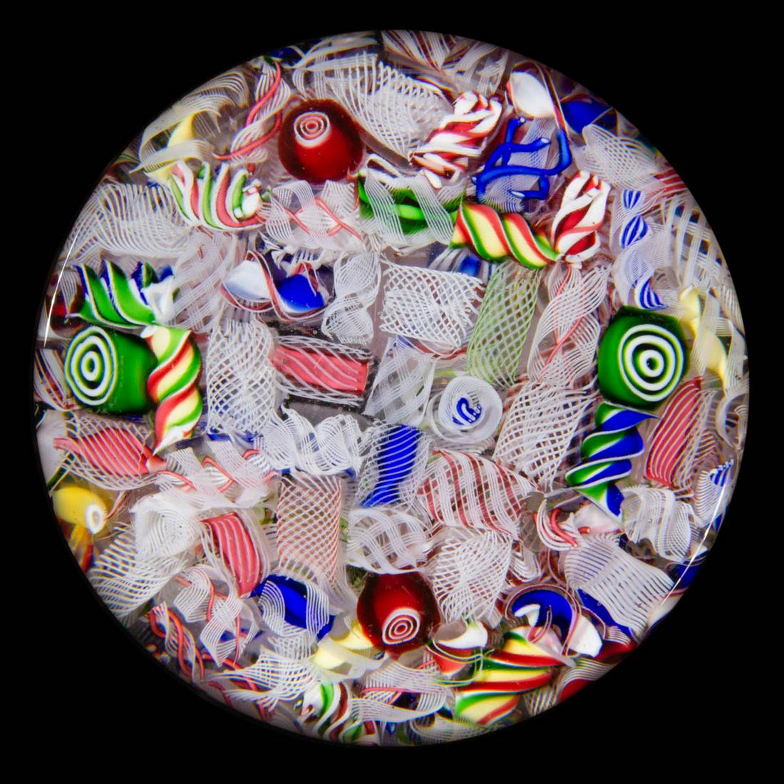 ANTIQUE BACCARAT MACEDOINE / SCRAMBLED MILLEFIORI ART: ANTIQUE BACCARAT MACEDOINE / SCRAMBLED MILLEFIORI ART GLASS PAPERWEIGHT, interior having a variety of filigree and opaque twists as well as whorls, many aligned in a perpendicular fashion, polished po
