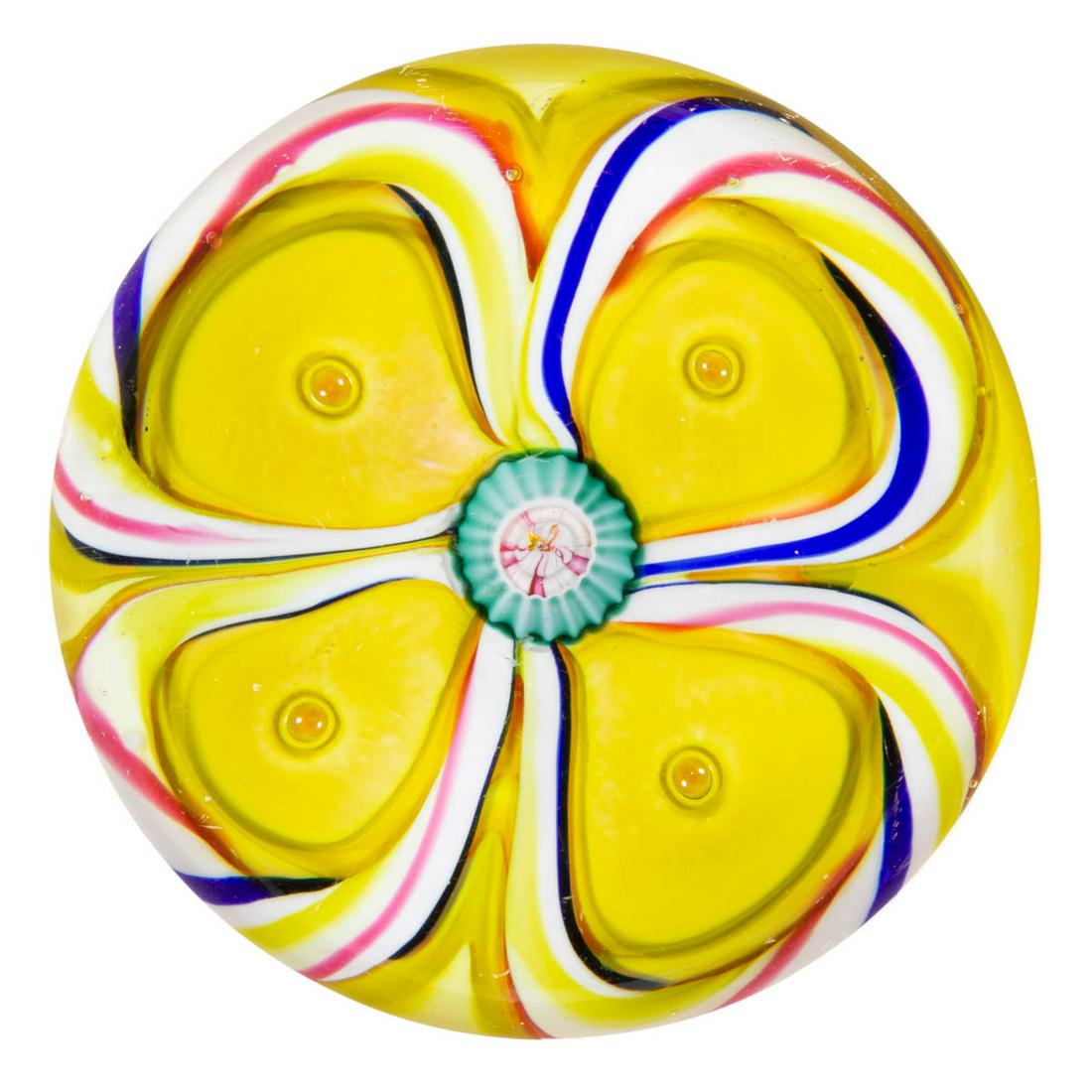 ANTIQUE VAL ST. LAMBERT QUATREFOIL ART GLASS MAGNUM: ANTIQUE VAL ST. LAMBERT QUATREFOIL ART GLASS MAGNUM PAPERWEIGHT, large central teal and white millefiori tube, with white, cobalt blue, lime green, and cranberry opaque twists creating a quatrefoil ho