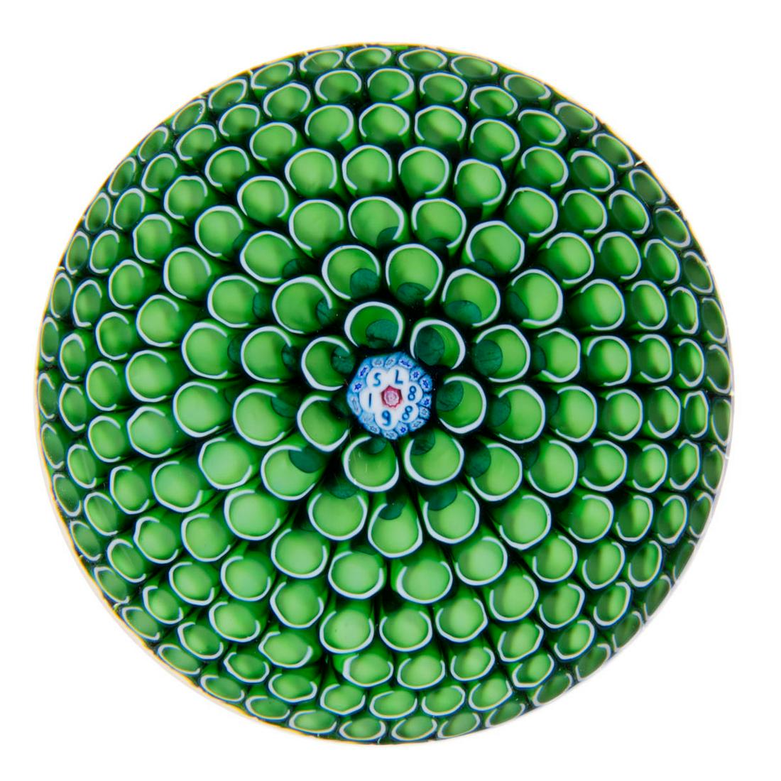 VINTAGE SAINT-LOUIS HONEYCOMB ART GLASS PAPERWEIGHT: VINTAGE SAINT-LOUIS HONEYCOMB ART GLASS PAPERWEIGHT, green blue and opal honeycomb canes, central signature cane stating "SL 1988", polished pontil mark. Compagnie des Cristalleries de Saint Louis. Da