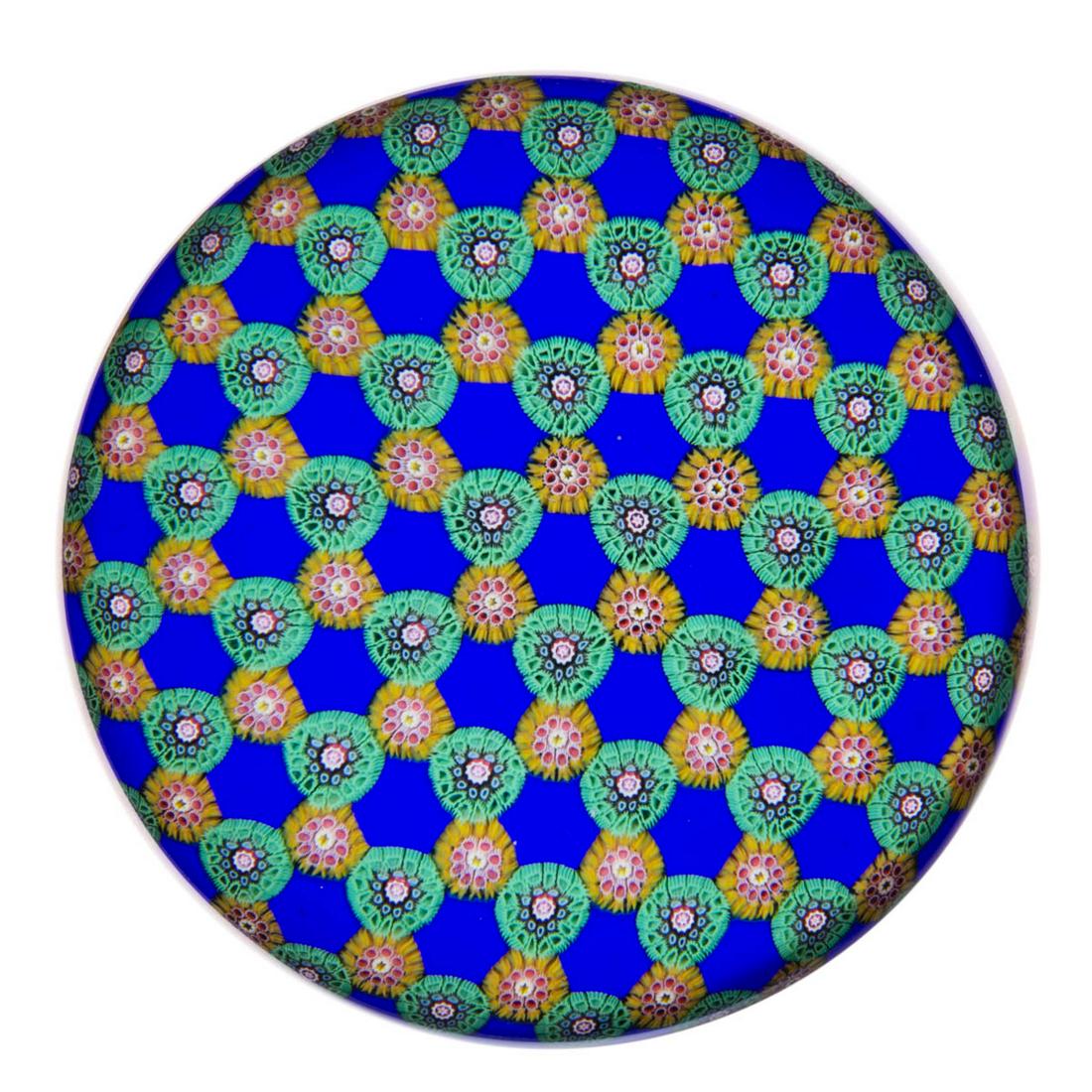 VINTAGE SAINT-LOUIS KALEIDOSCOPE MILLIEFIORI ART GLASS: VINTAGE SAINT-LOUIS KALEIDOSCOPE MILLIEFIORI ART GLASS PAPERWEIGHT, blue hexagons separated by alternating green and yellow complex canes, signature cane to the underside of the decoration and stating
