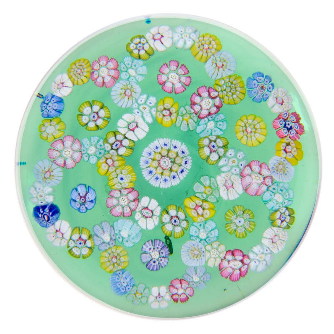 VINTAGE WHITEFRIARS LOOPED GARLAND MILLEFIORI ART GLASS: VINTAGE WHITEFRIARS LOOPED GARLAND MILLEFIORI ART GLASS PAPERWEIGHT, central white, blue, yellow, and pink complex cane, encircled by six looped garlands comprised of multi-colored complex canes, all 