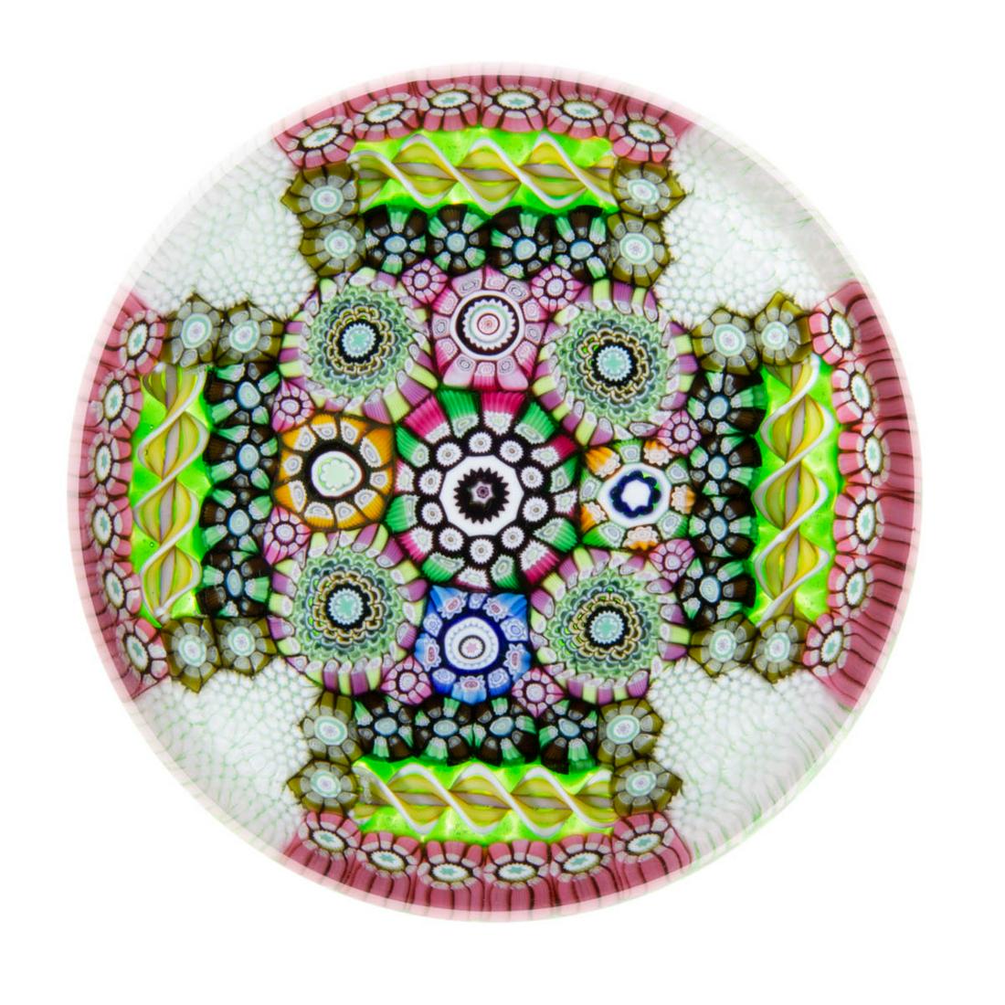 VINTAGE PERTHSHIRE MALTESE CROSS MILLEFIORI ART GLASS: VINTAGE PERTHSHIRE MALTESE CROSS MILLEFIORI ART GLASS PAPERWEIGHT, central fuchsia, green, and white complex cane, remainder comprised of a variety of multi-colored canes creating a maltese cross patt