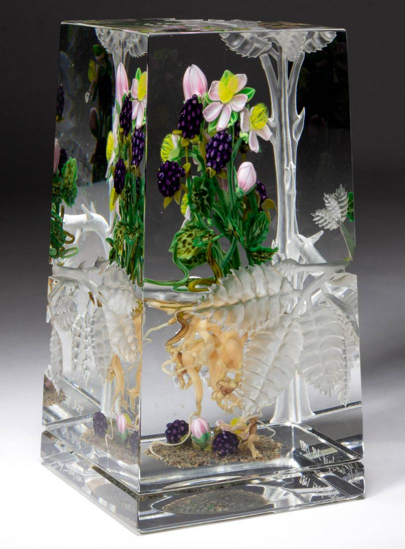 PAUL STANKARD (AMERICAN, B. 1943) AND BARRY SAUTNER: PAUL STANKARD (AMERICAN, B. 1943) AND BARRY SAUTNER (AMERICAN, 1952-2009) ENGRAVED BOTANICAL LAMPWORK STUDIO ART GLASS PAPERWEIGHT SCULPTURE, tall rectangular form with exterior engraving by Barry Sau