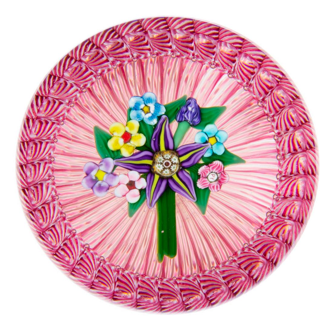 EARLY PAUL YSART (SCOTTISH, 1904-1979) MULTI-FLOWER: EARLY PAUL YSART (SCOTTISH, 1904-1979) MULTI-FLOWER BOUQUET LAMPWORK ART GLASS PAPERWEIGHT, central purple and yellow striped blossom, six smaller blooms to the background in a variety of colors, one