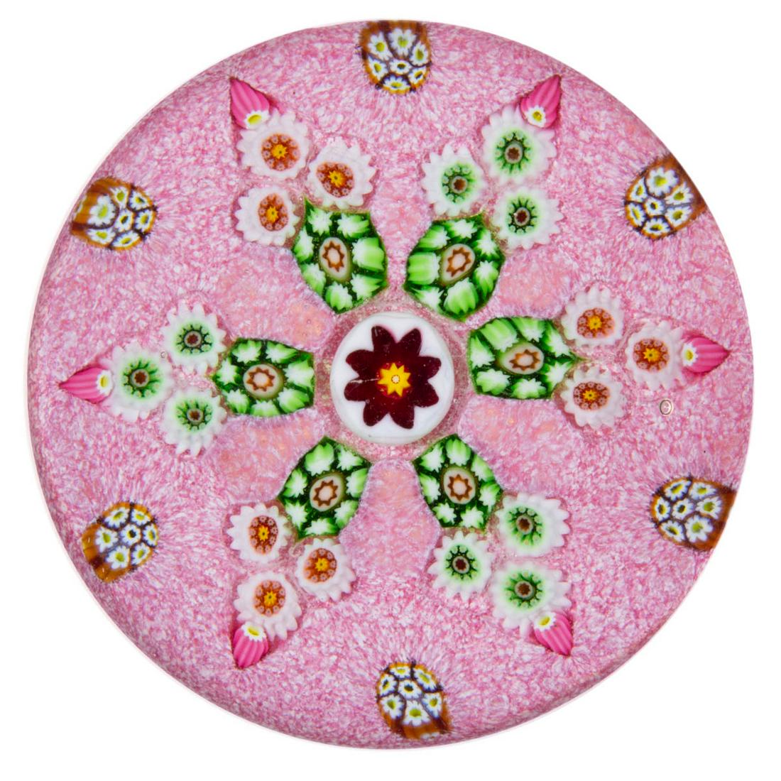 EARLY PAUL YSART (SCOTTISH, 1904-1979) ATTRIBUTED: EARLY PAUL YSART (SCOTTISH, 1904-1979) ATTRIBUTED SIX-SPOKE MILLEFIORI ART GLASS PAPERWEIGHT, large central white and fuchsia florette tube, encircled by six spokes comprised of green and white comple