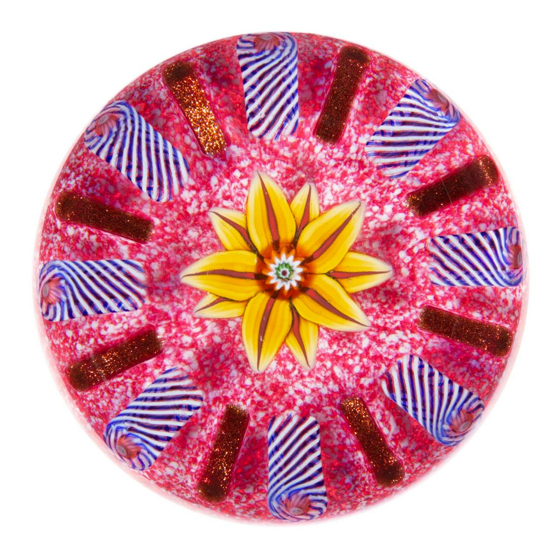 PAUL YSART (SCOTTISH, 1904-1979) FLORAL LAMPWORK AND: PAUL YSART (SCOTTISH, 1904-1979) FLORAL LAMPWORK AND FILIGREE TWISTS ART GLASS PAPERWEIGHT, central butterscotch and red clematis blossom, encircled by a single exterior garland of alternating red ave