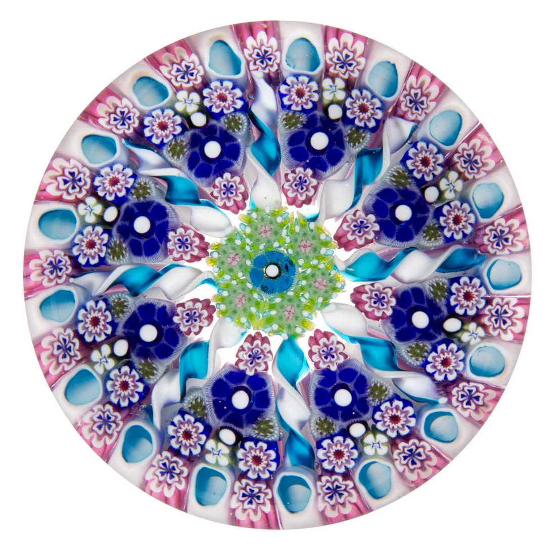 DAMON MACNAUGHT (AMERICAN, B. 1975) CONCENTRIC PANELLED: DAMON MACNAUGHT (AMERICAN, B. 1975) CONCENTRIC PANELLED MILLEFIORI STUDIO ART GLASS PAPERWEIGHT, central teal and white tubular complex cane, encircled by an inner garland of green and white complex c