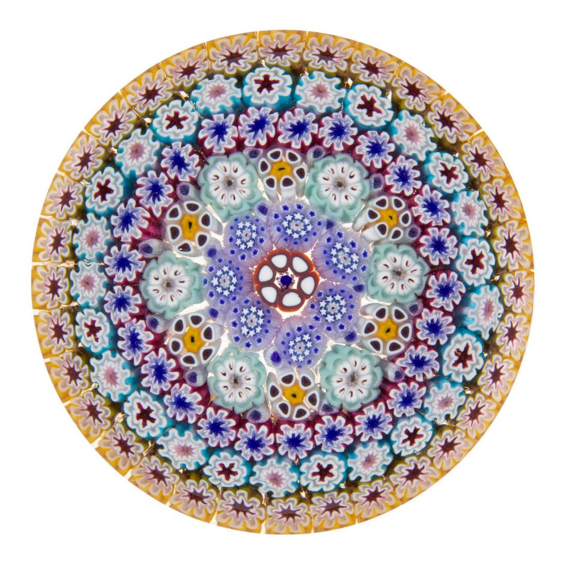 DAMON MACNAUGHT (AMERICAN, B. 1975) CONCENTRIC: DAMON MACNAUGHT (AMERICAN, B. 1975) CONCENTRIC MILLEFIORI STUDIO ART GLASS MAGNUM PAPERWEIGHT, central red and white complex cane, encircled by five exterior garlands with the inner most being blue an
