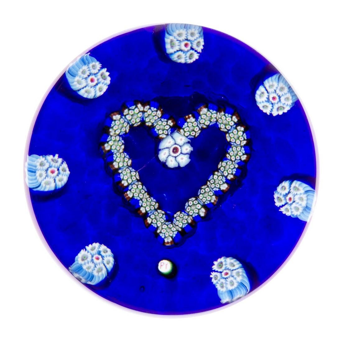 PAUL YSART (SCOTTISH, 1904-1979) HEART MILLEFIORI ART: PAUL YSART (SCOTTISH, 1904-1979) HEART MILLEFIORI ART GLASS PAPERWEIGHT, central heart with a large pale blue and white complex cane connecting the border comprised of blue and brown complex canes for