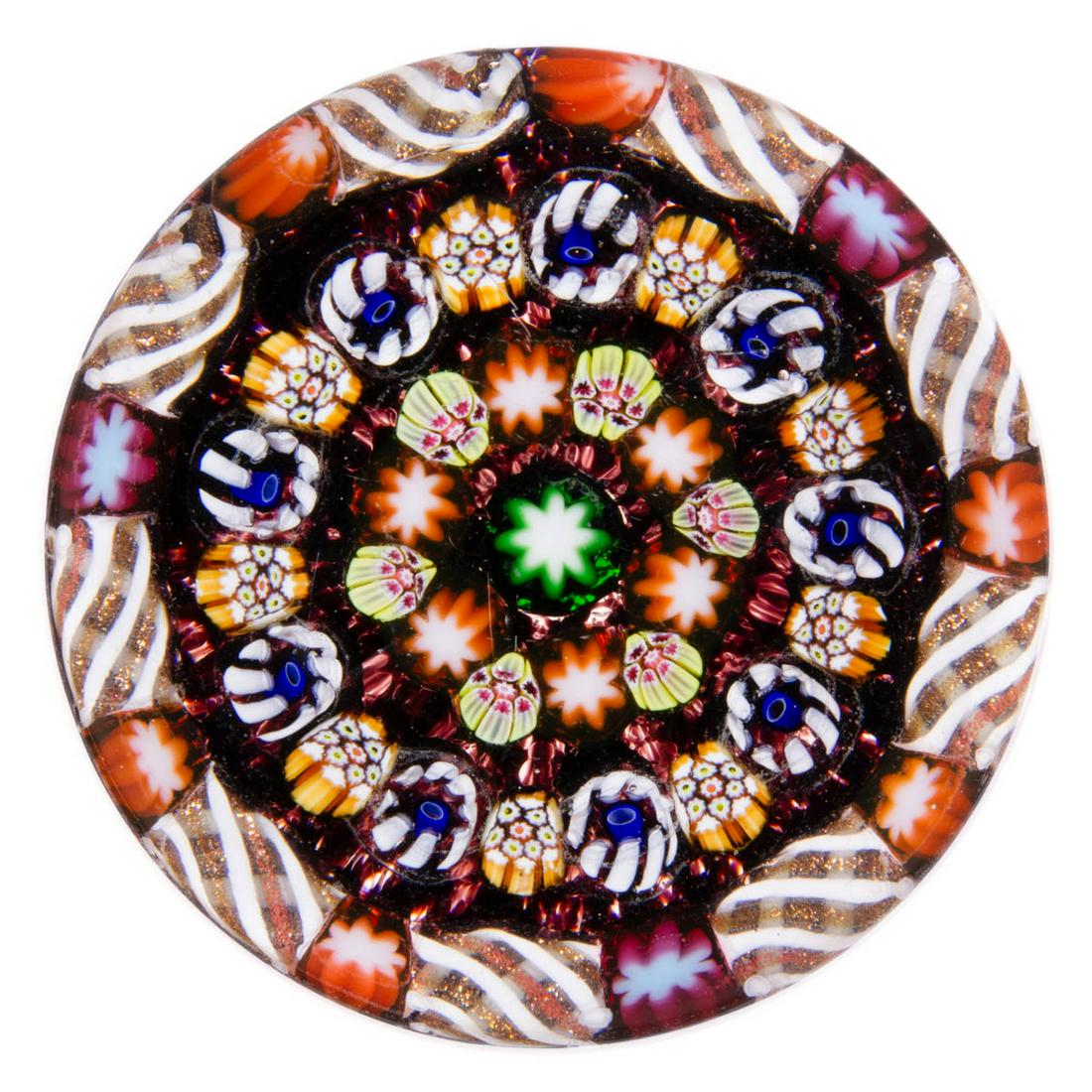 EARLY PAUL YSART (SCOTTISH, 1904-1979) ATTRIBUTED: EARLY PAUL YSART (SCOTTISH, 1904-1979) ATTRIBUTED CONCENTRIC MILLEFIORI ART GLASS PAPERWEIGHT, central green and white cog, encircled by three exterior garlands with the interior alternating between b