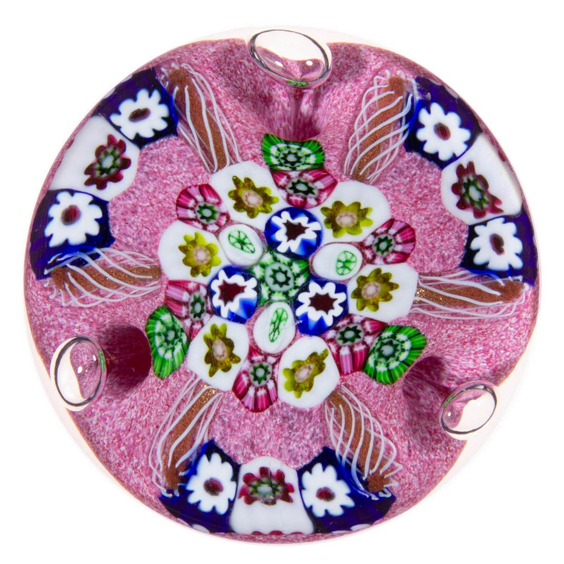 EARLY PAUL YSART (SCOTTISH, 1904-1979) ATTRIBUTED: EARLY PAUL YSART (SCOTTISH, 1904-1979) ATTRIBUTED MEDALLION MILLEFIORI ART GLASS PAPERWEIGHT, central close-pack millefiori medallion featuring a variety of multi-colored canes, six white filigree spo