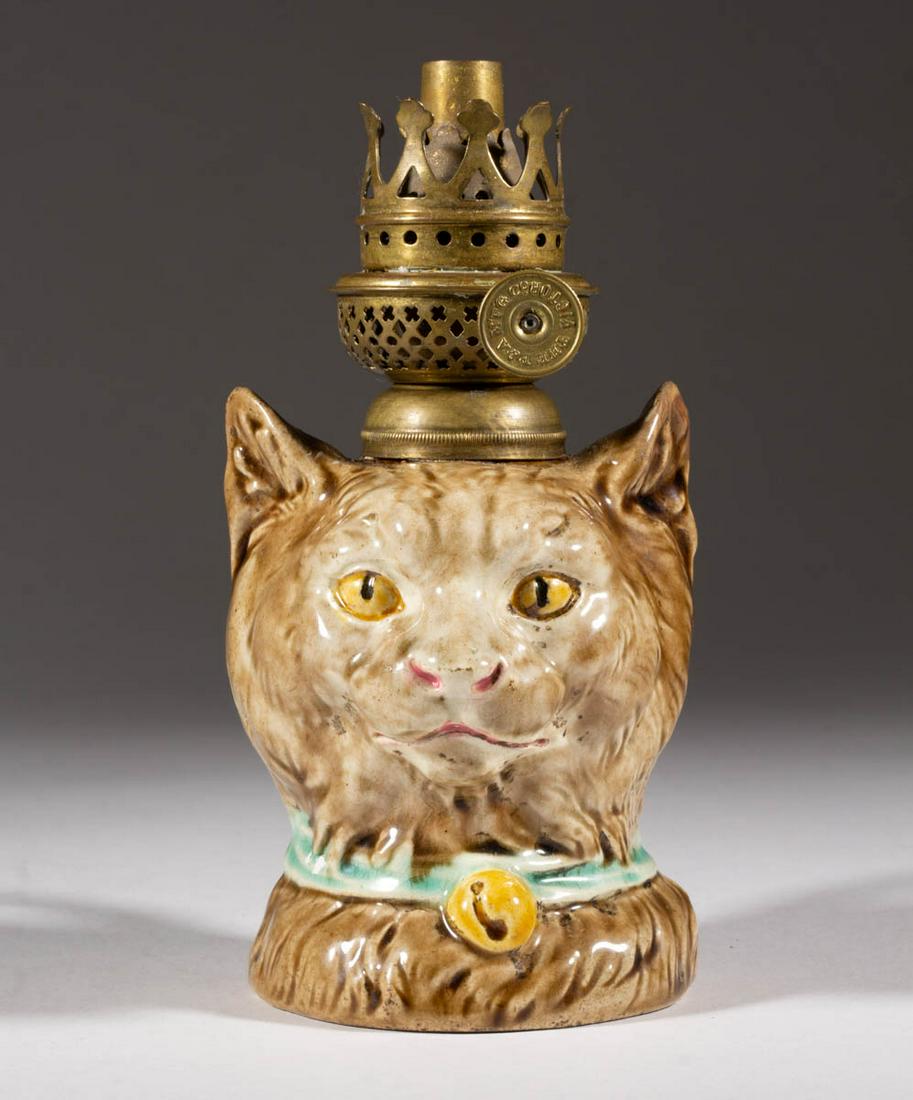 FRENCH PORCELAIN MAJOLICA CAT FIGURAL MINIATURE FINGER (1 of 3)