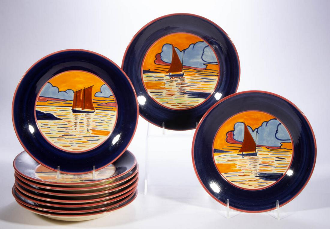 FRENCH QUIMPER FAIENCE TIN-GLAZED SAILBOAT MOTIF (1 of 2)