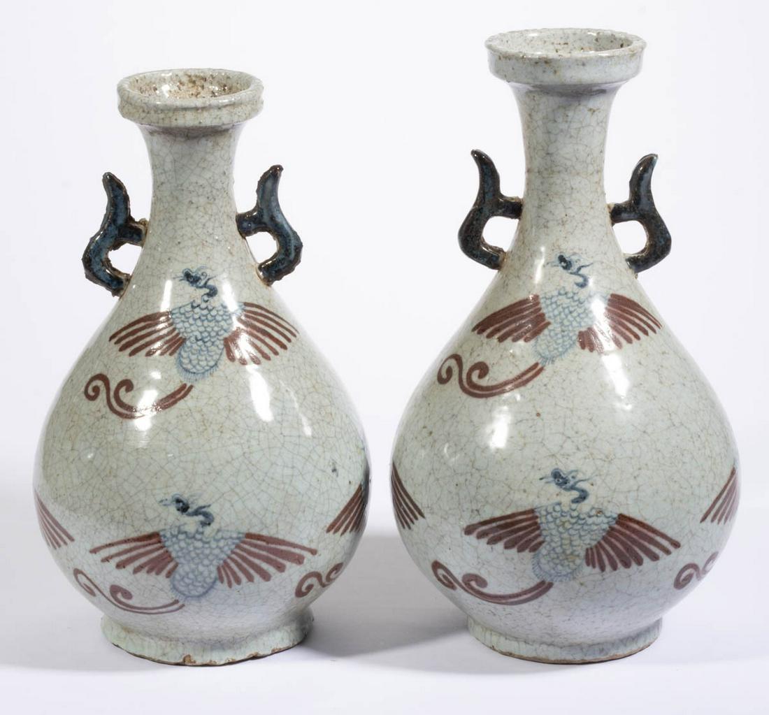 CHINESE BLUE AND RED CERAMIC PAIR OF BOTTLE VASES (1 of 6)
