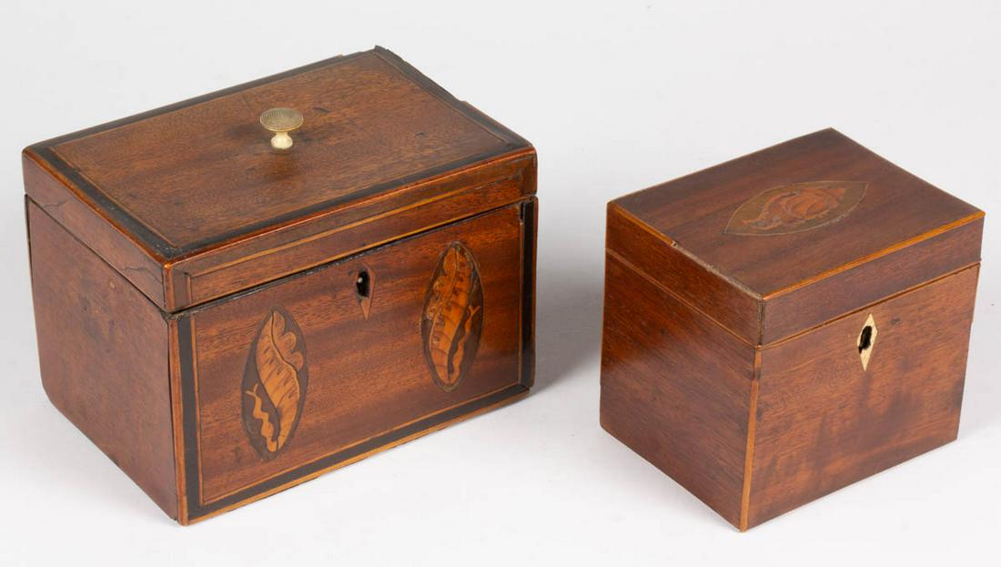 ENGLISH INLAID MAHOGANY TEA CADDIES, LOT OF TWO (1 of 3)