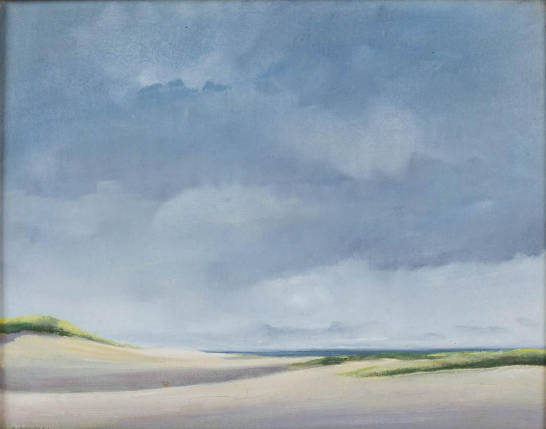 ANNE PACKARD (MASSACHUSETTS / NEW JERSEY, B. 1933): ANNE PACKARD (MASSACHUSETTS / NEW JERSEY, B. 1933) SEASCAPE, oil on board, depicting blue cloudy sky over the sand dunes, signed in the lower left "A PACKARD", retains artist label on reverse. Housed