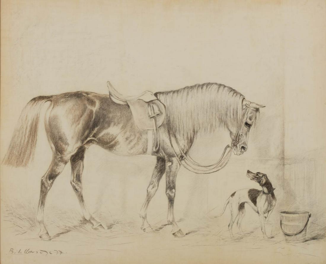BERNARD DE CLAVIERE (FRENCH, 1934-2016) EQUINE DRAWING: BERNARD DE CLAVIERE (FRENCH, 1934-2016) EQUINE DRAWING, pencil and charcoal on paper, depicting a horse wearing a saddle being greeted by a hound dog in a bar, signed and dated in the lower left "77".
