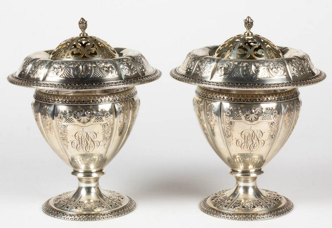 DOMINICK & HAFF STERLING SILVER URNS / VASES, PAIR (1 of 2)