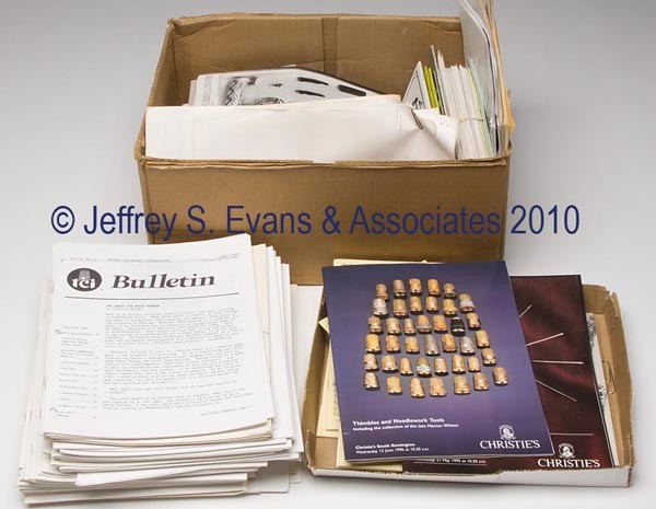 THIMBLE AND SEWING JOURNALS AND RESEARCH MATERIALS,: THIMBLE AND SEWING JOURNALS AND RESEARCH MATERIALS, UNCOUNTED LOT, including six manufacturer's history booklets, five signed by author; three Christies South Kensington auction catalogs, May 1995, Ju