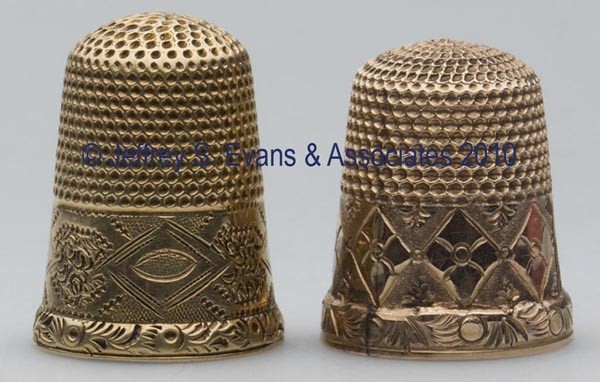 10K AND 12K GOLD THIMBLES, LOT OF TWO: 10K AND 12K GOLD THIMBLES, LOT OF TWO, chased and engraved, consisting of a tested 10K with diamond band over scrolls patterns; and a tested 12K with alternating diamond and medallion band over scroll